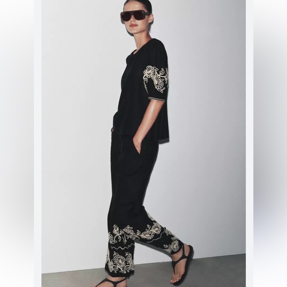 EMBROIDERED LINEN-BLEND CULOTTES & TOP SET ZW COLLECTION SIZE S/M